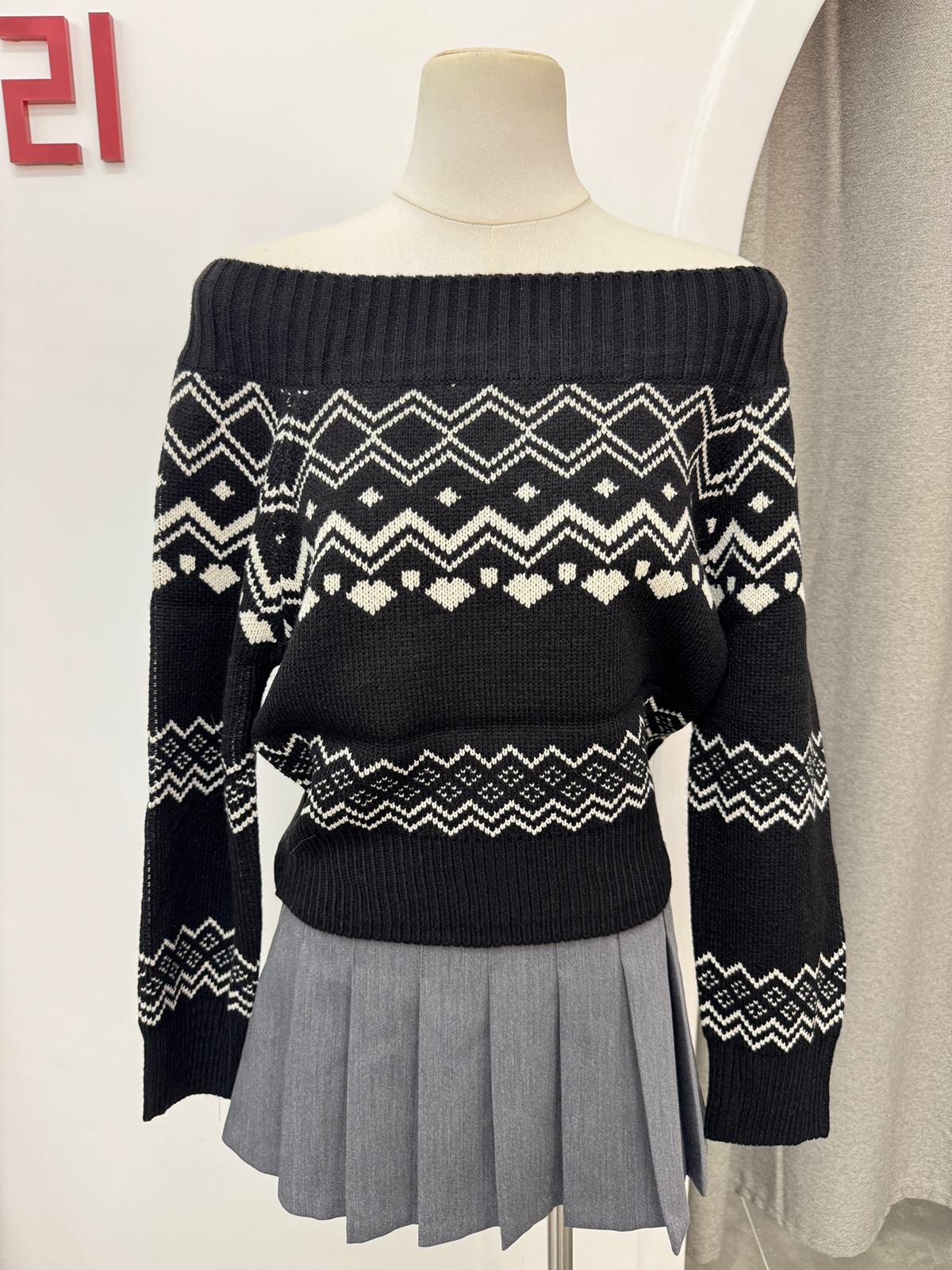 NORDIC露肩圖案針織上衣