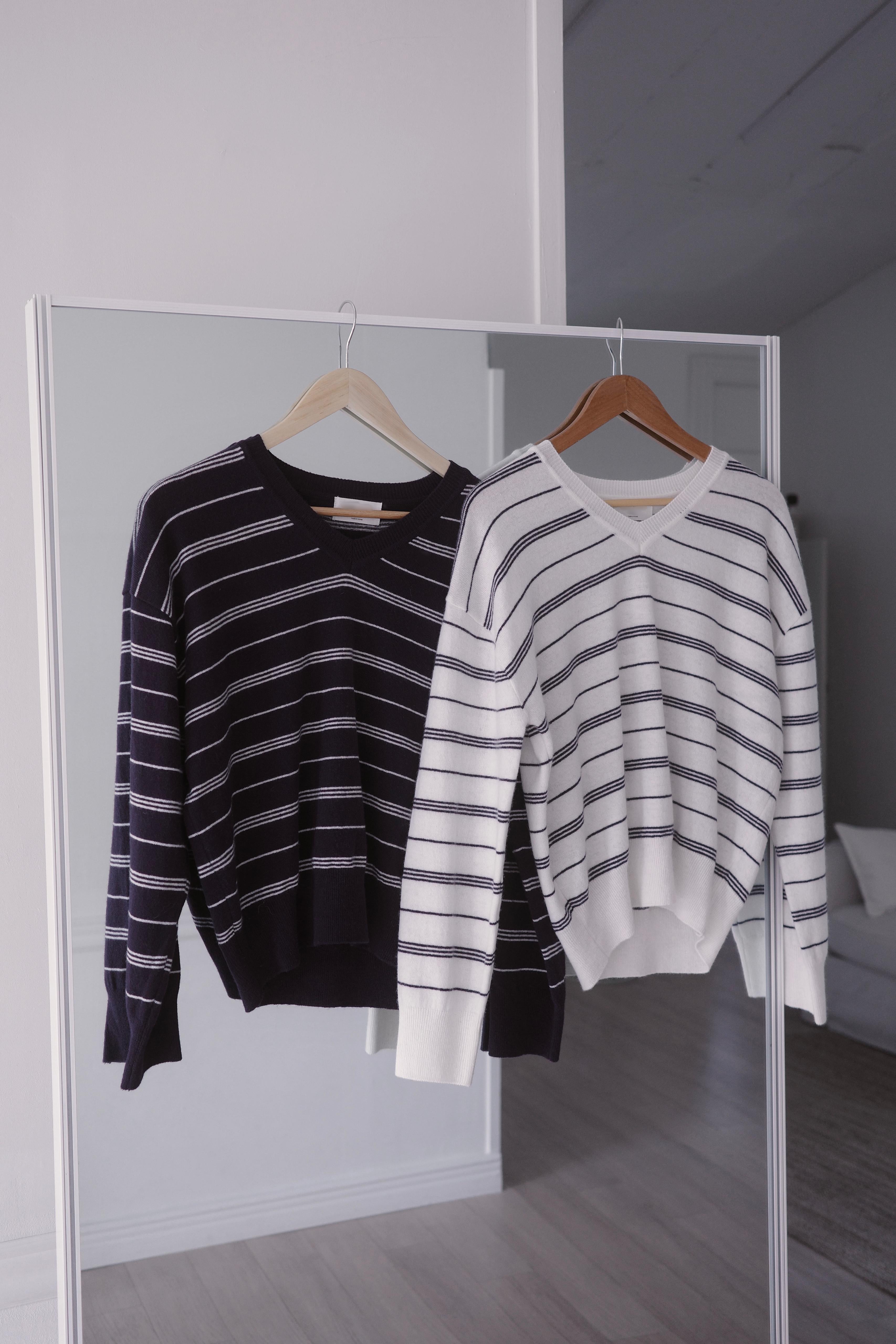 CASHMERE V領間條薄針織