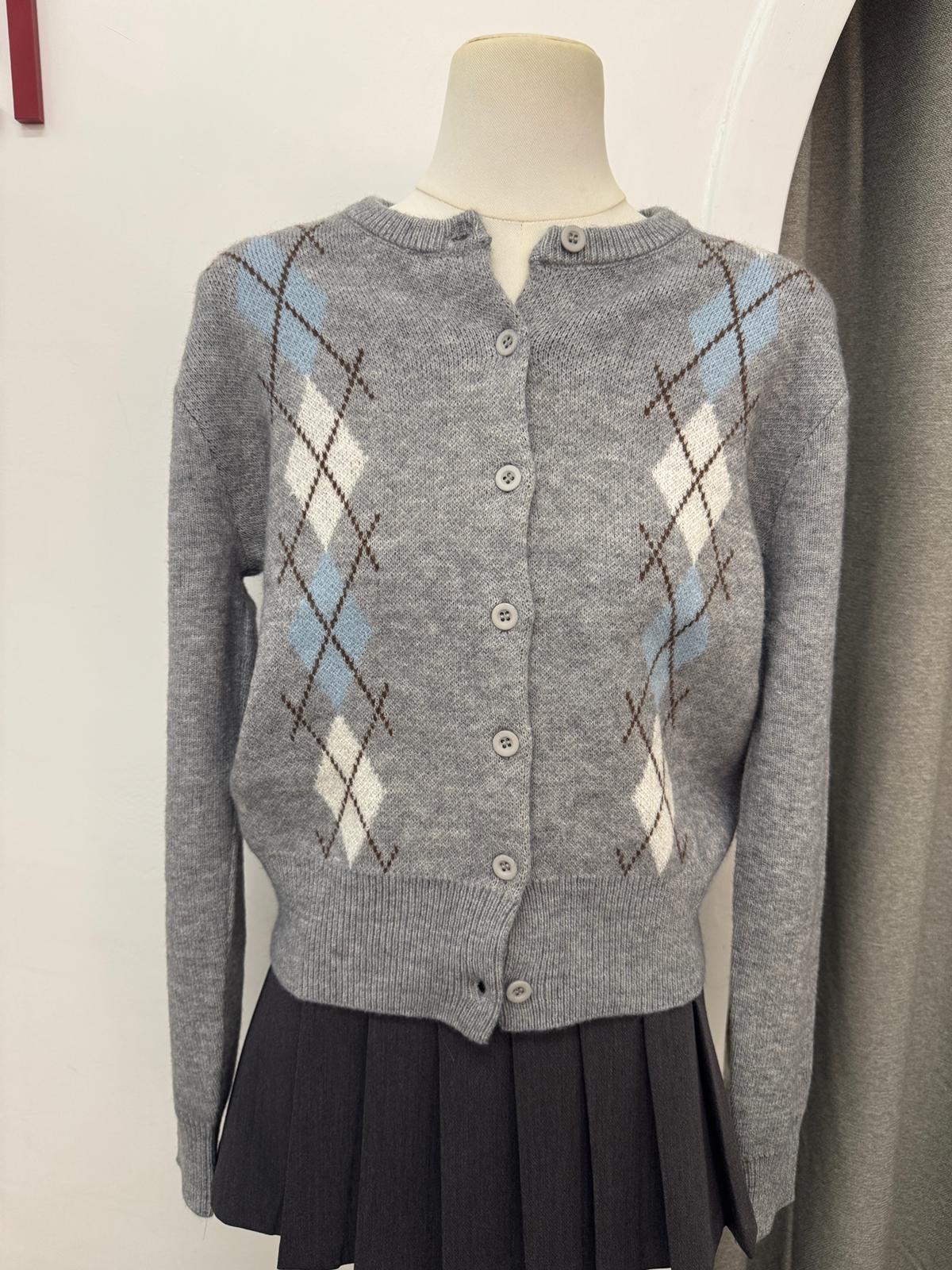 菱格圓領針織外套