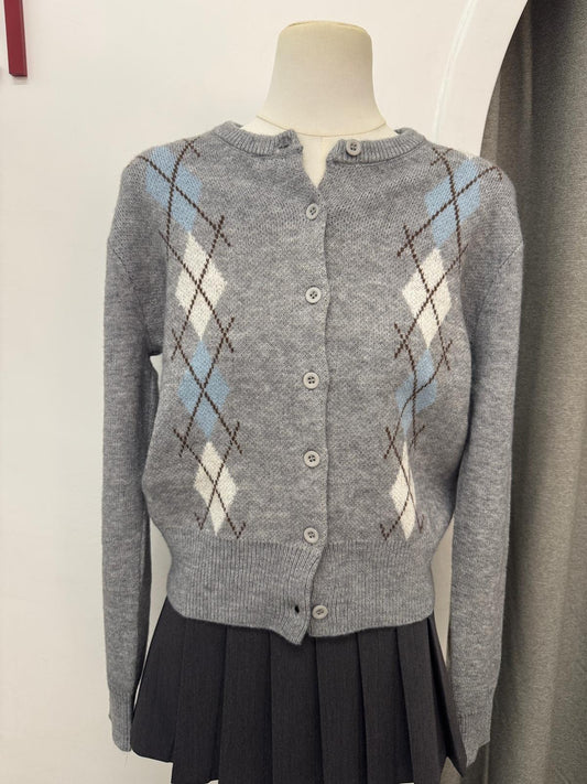 菱格圓領針織外套