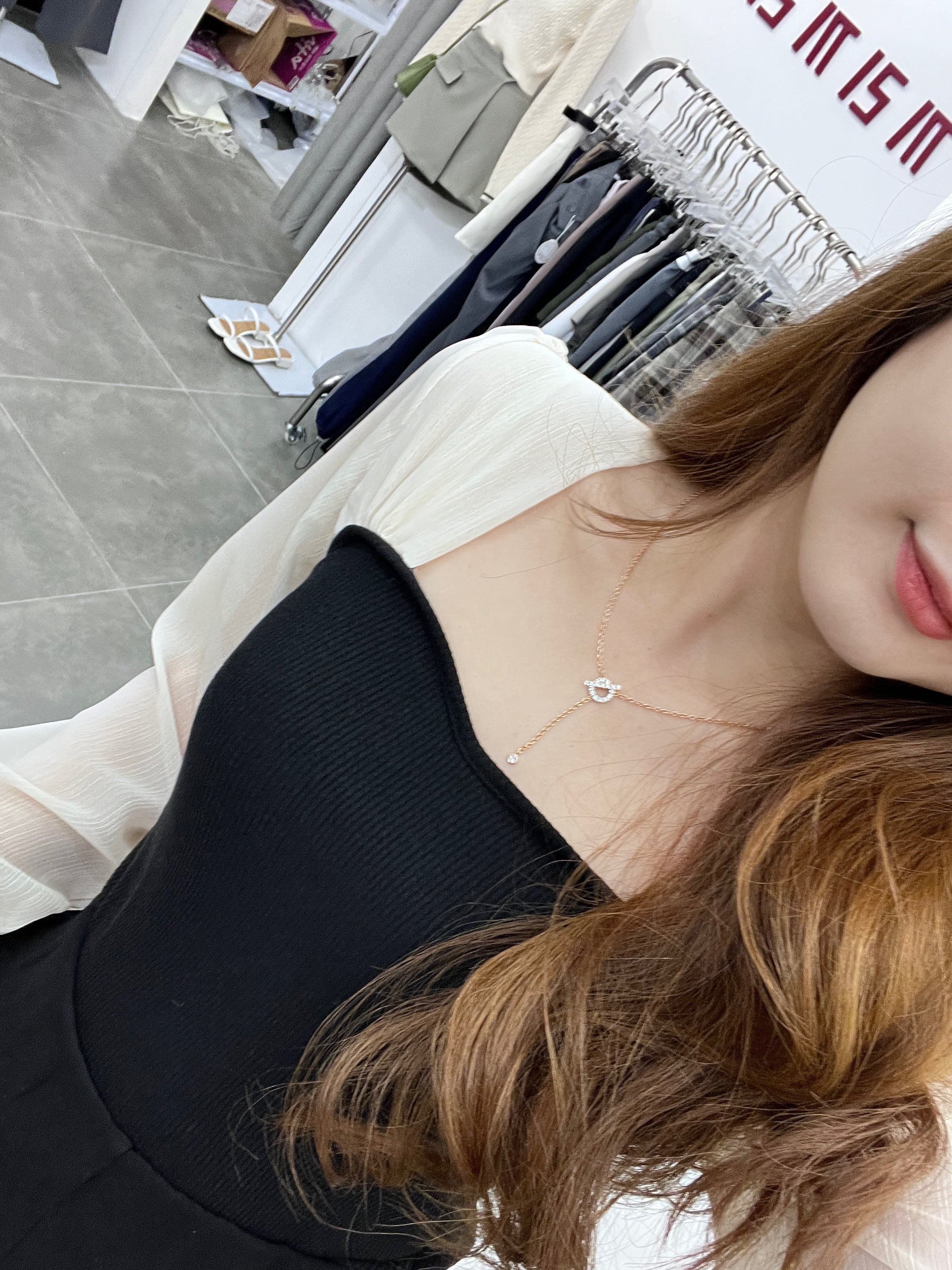 拼接半透方領Blouse