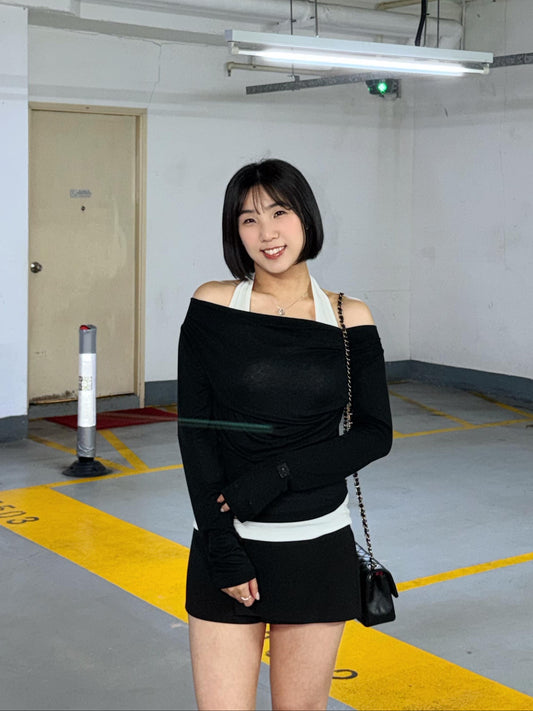 拼色掛頸假兩件薄款上衣