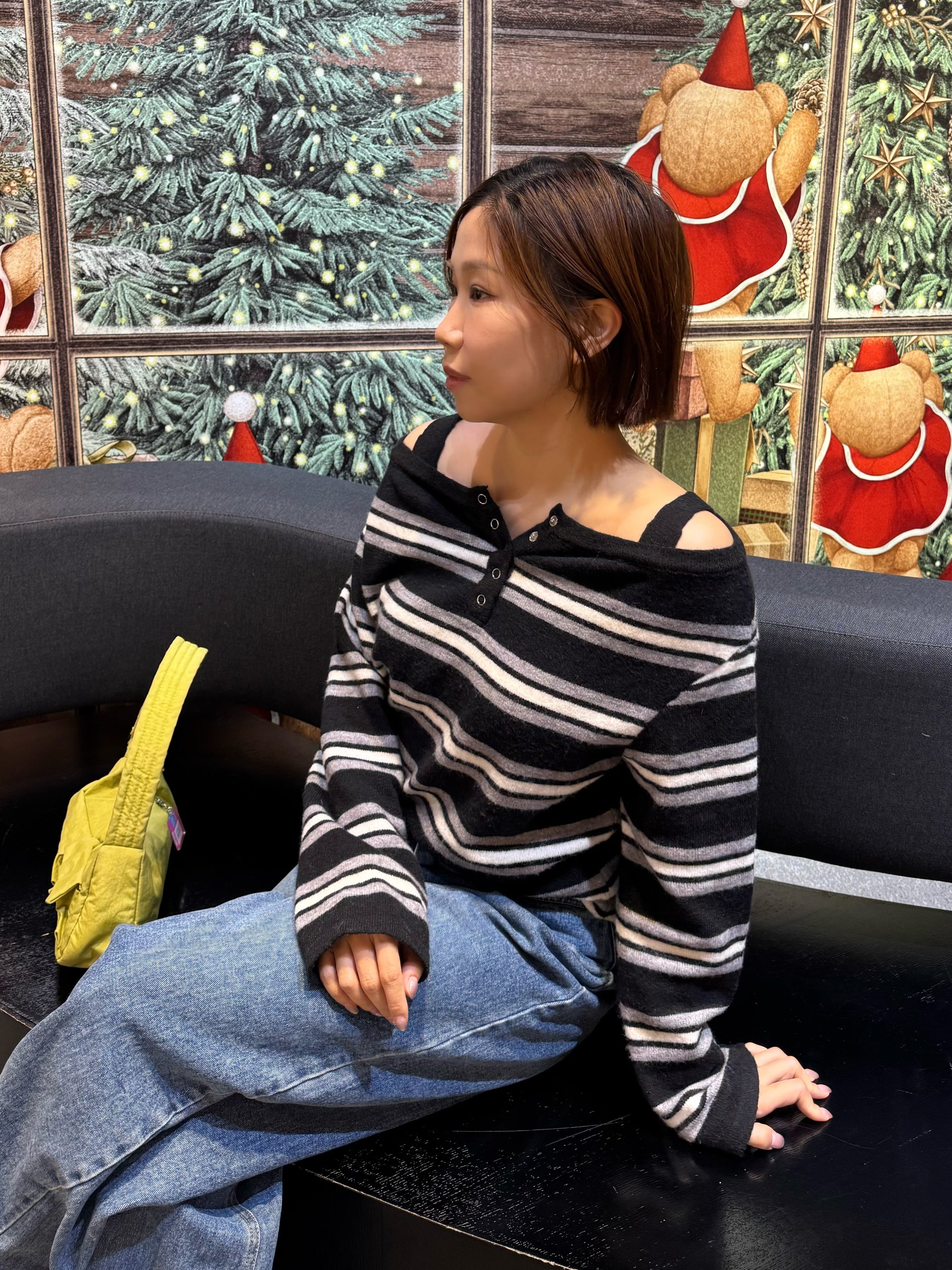 橫間吊帶露肩長袖上衣