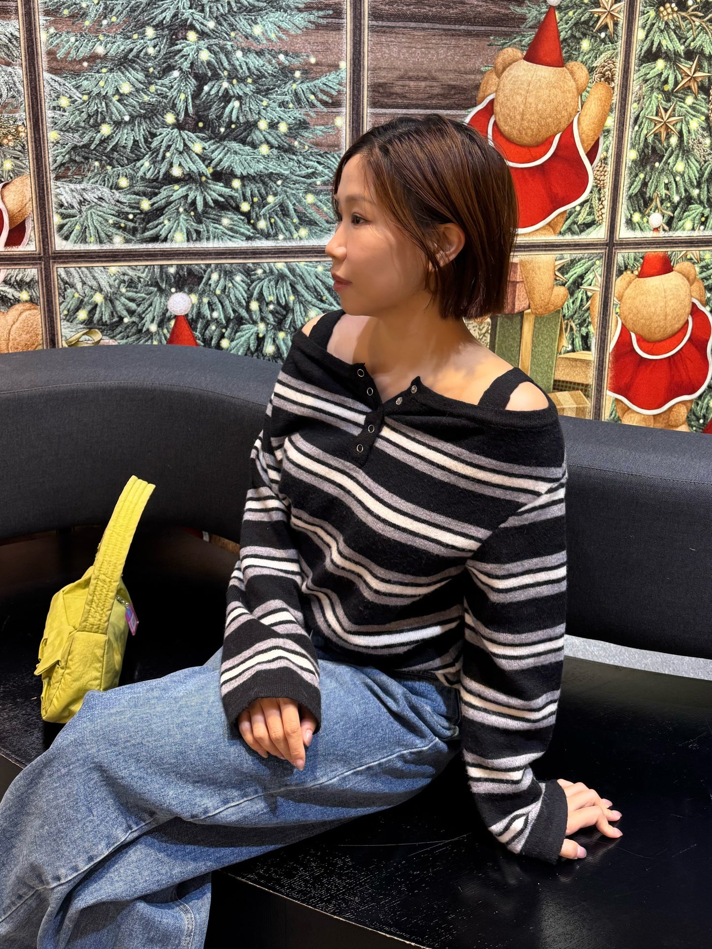 橫間吊帶露肩長袖上衣