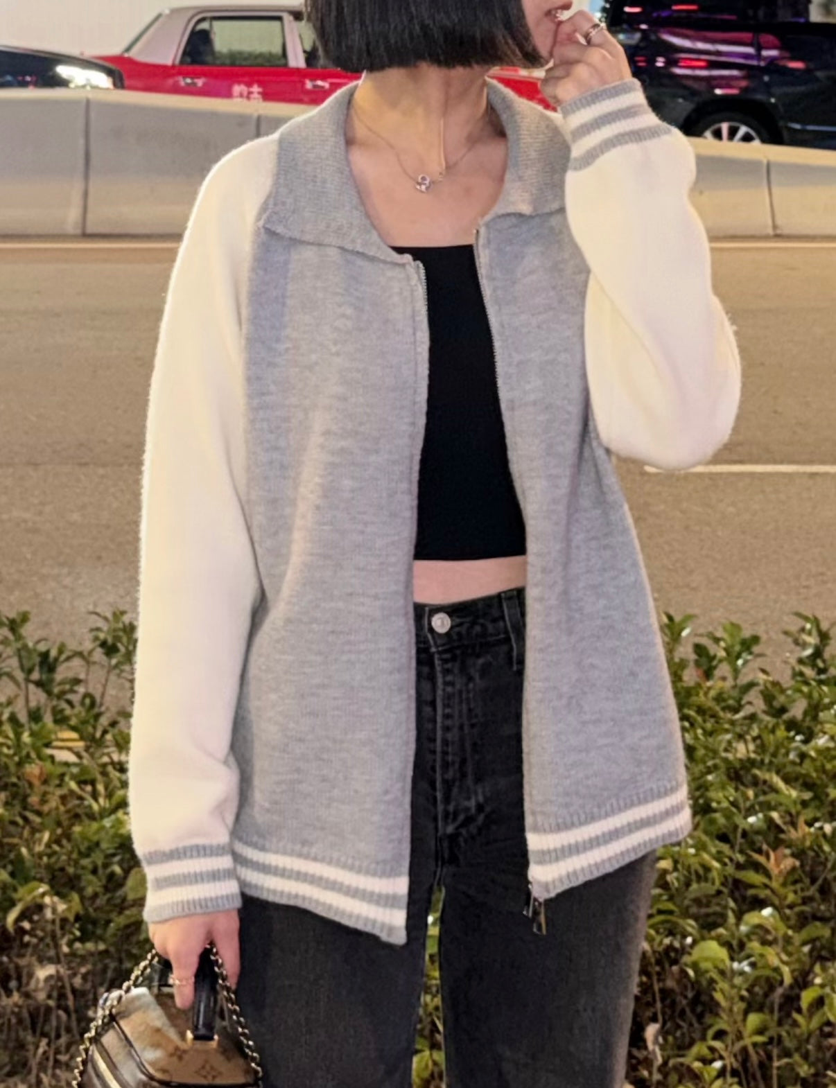 拼色拉鍊針織外套