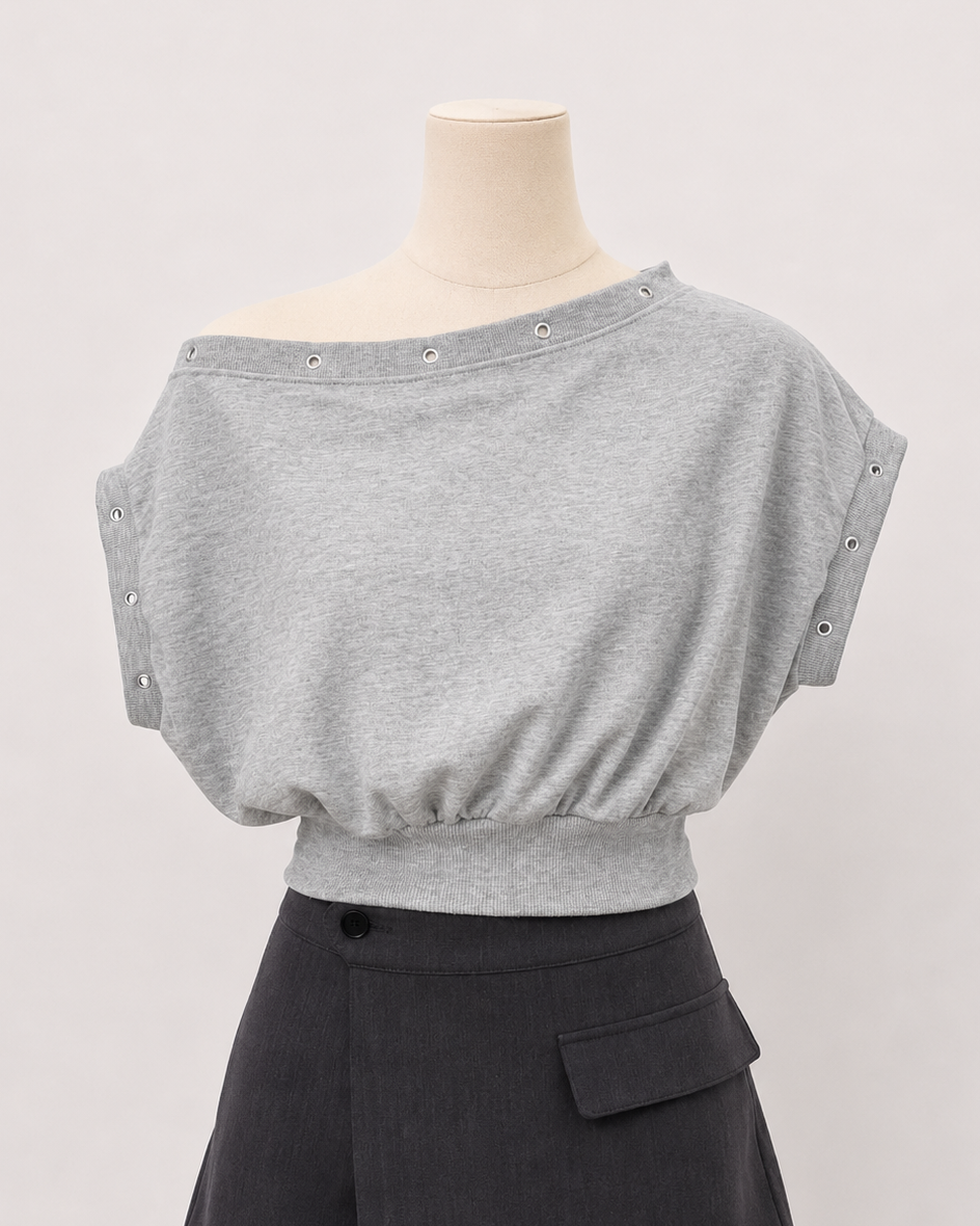 STUDDED露肩束腰CROP TEE