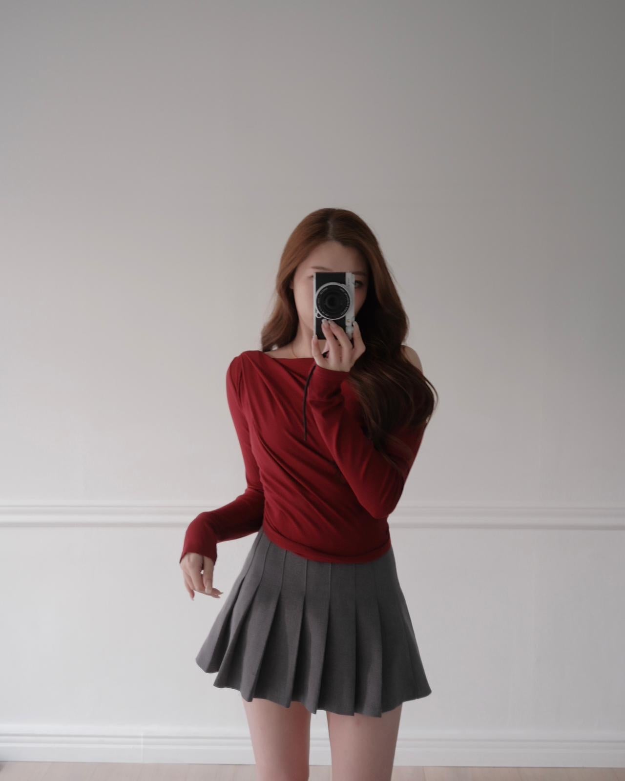 立體縐褶一字肩上衣