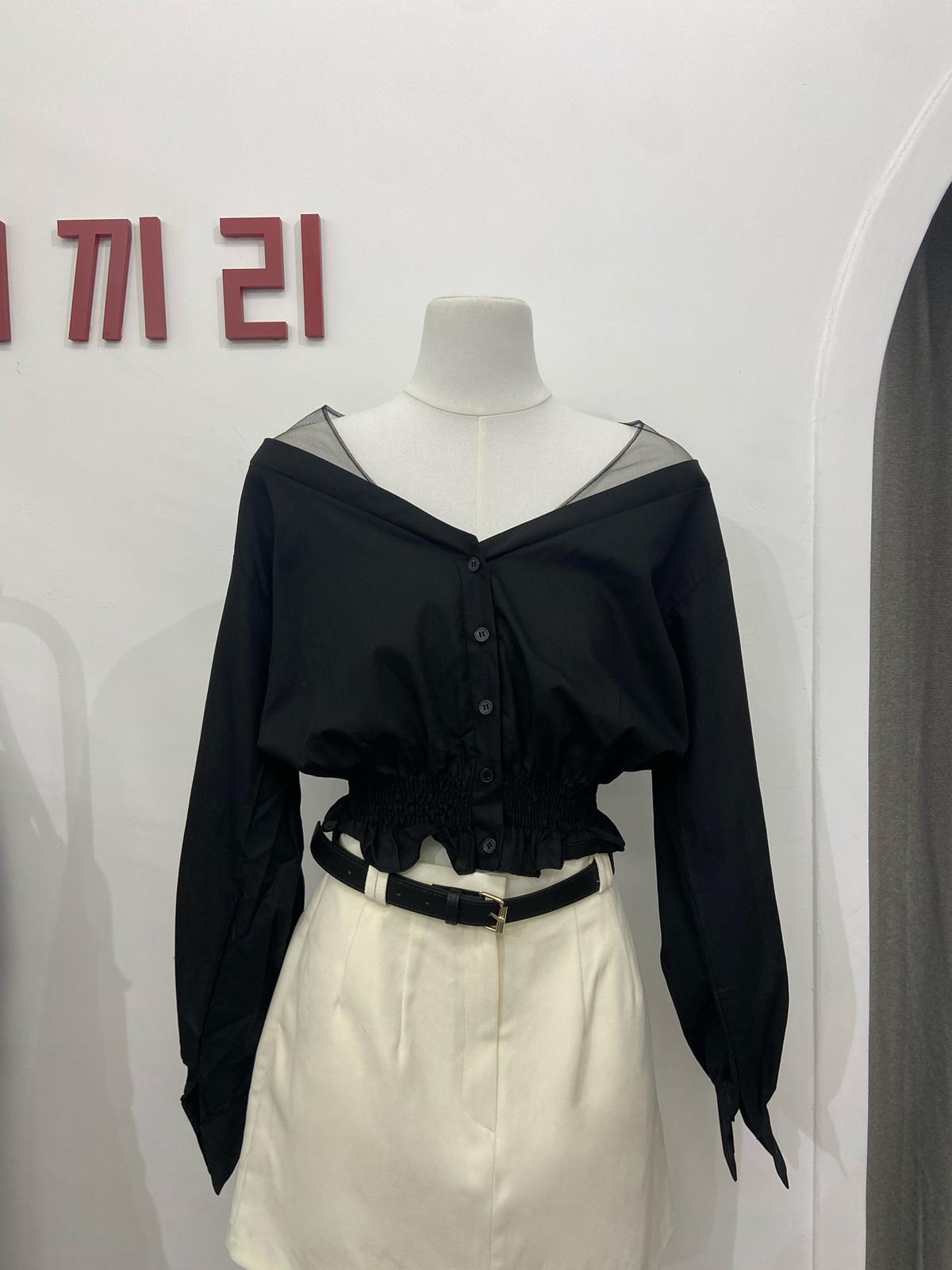 V領拼紗襯衫