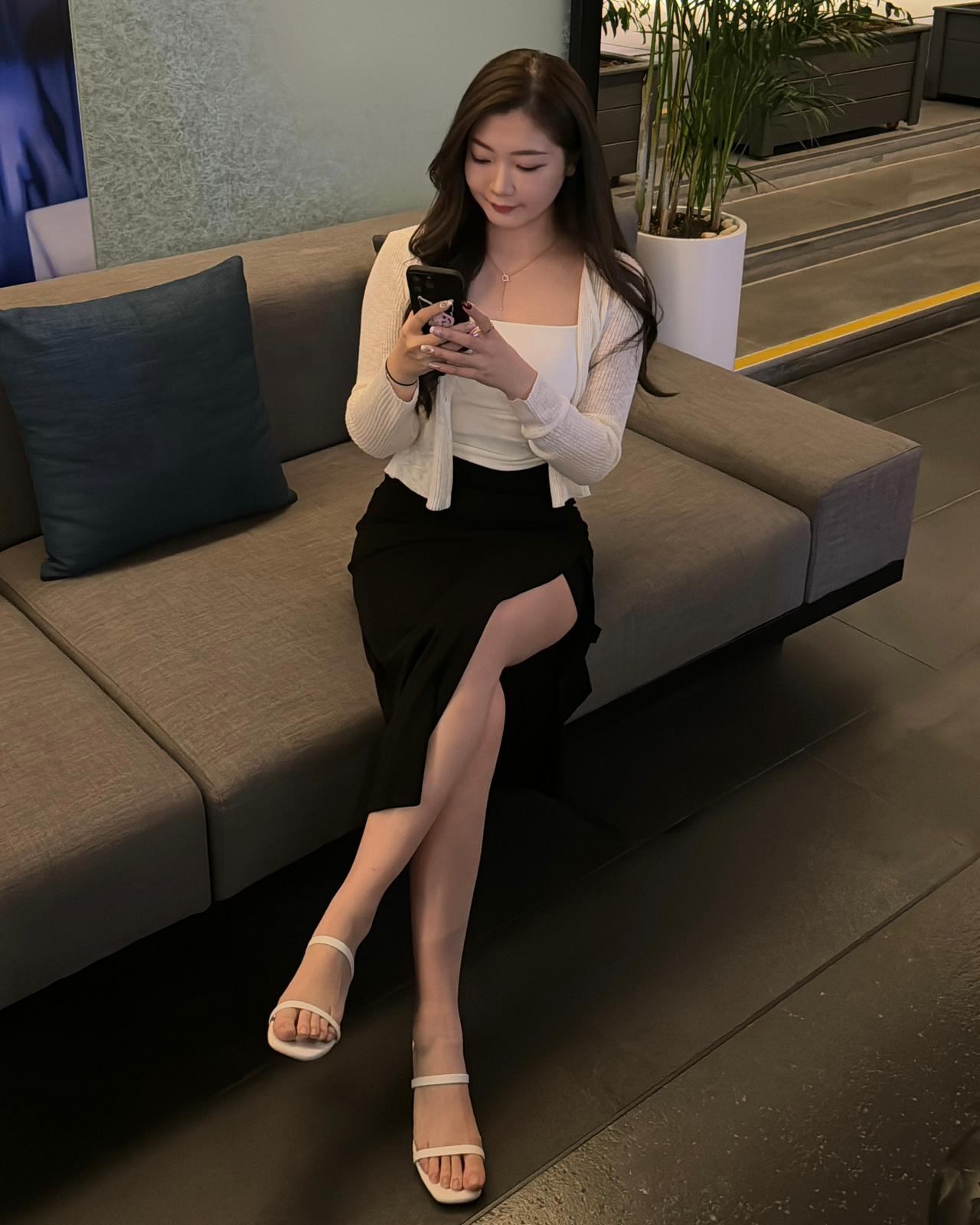 修身開叉彈性長裙