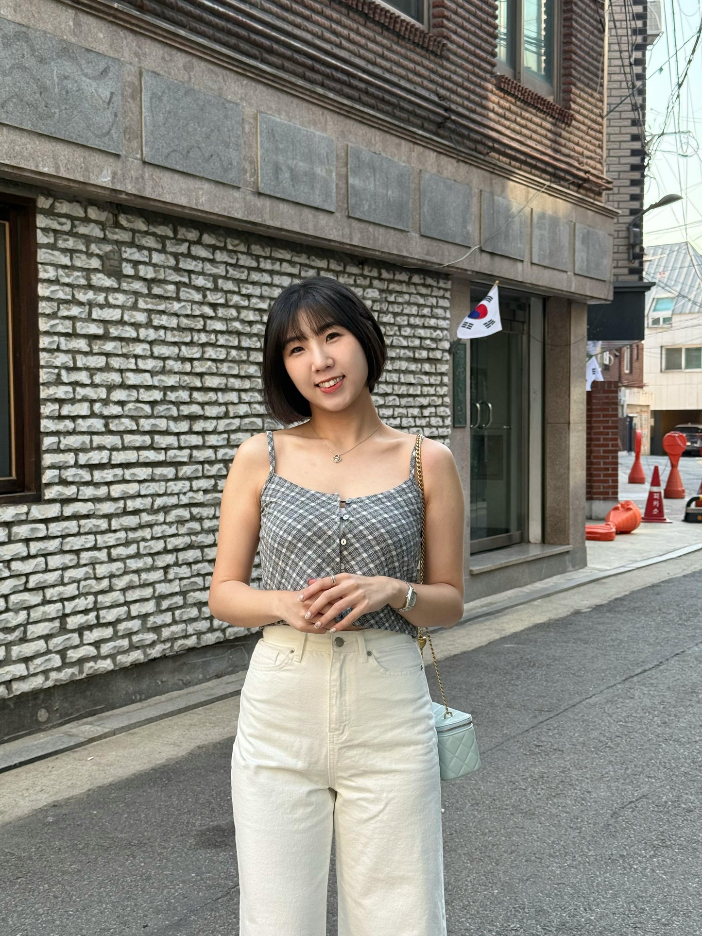 連頸帶格子吊帶上衣