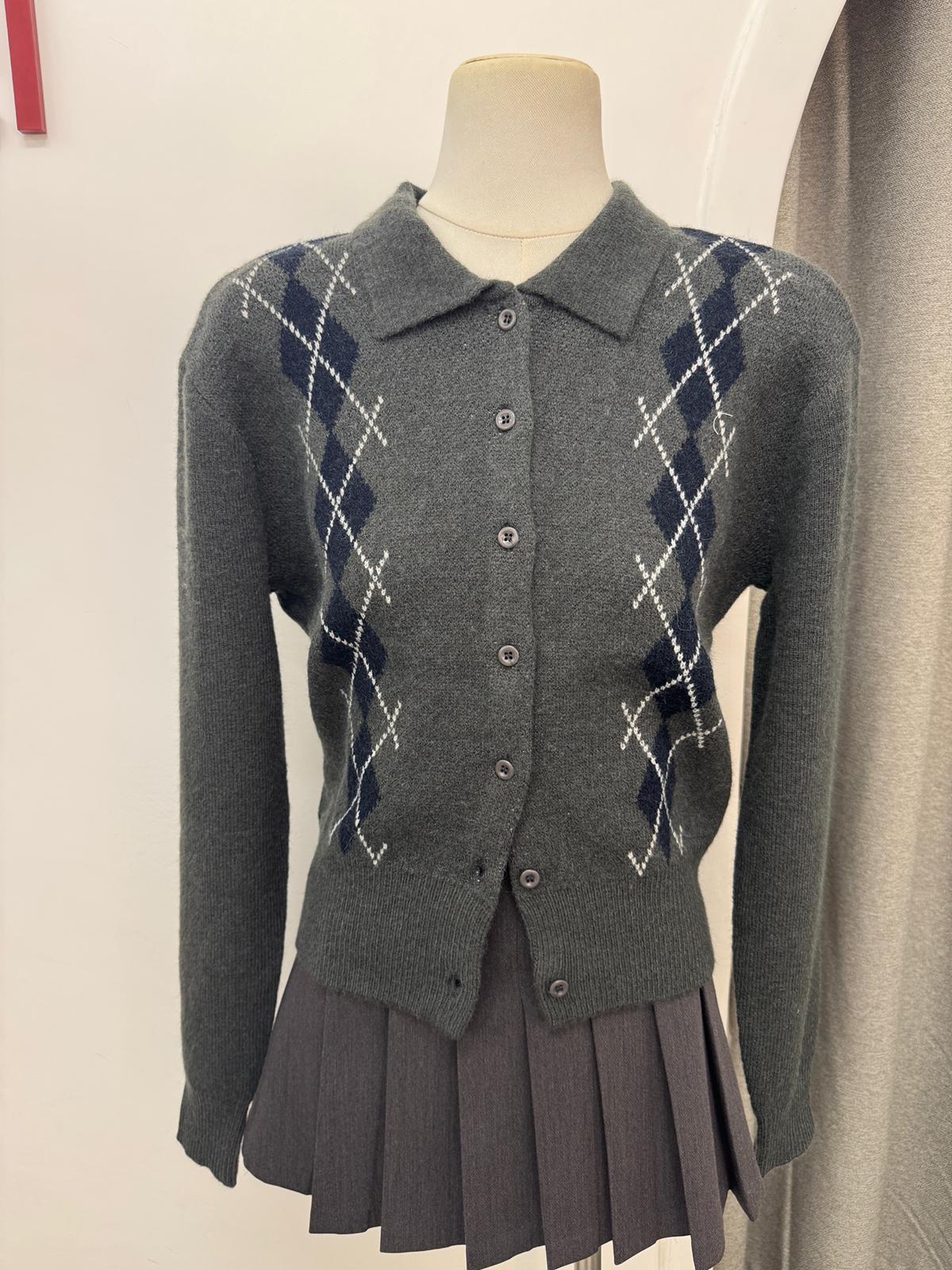 翻領菱格針織外套