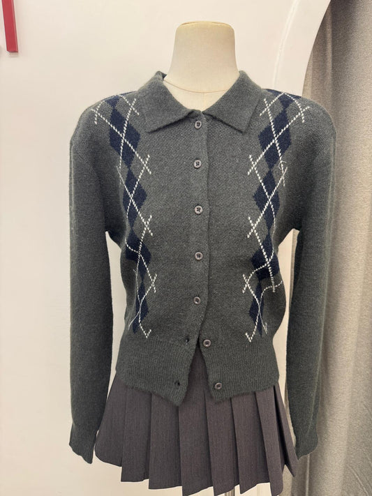 翻領菱格針織外套