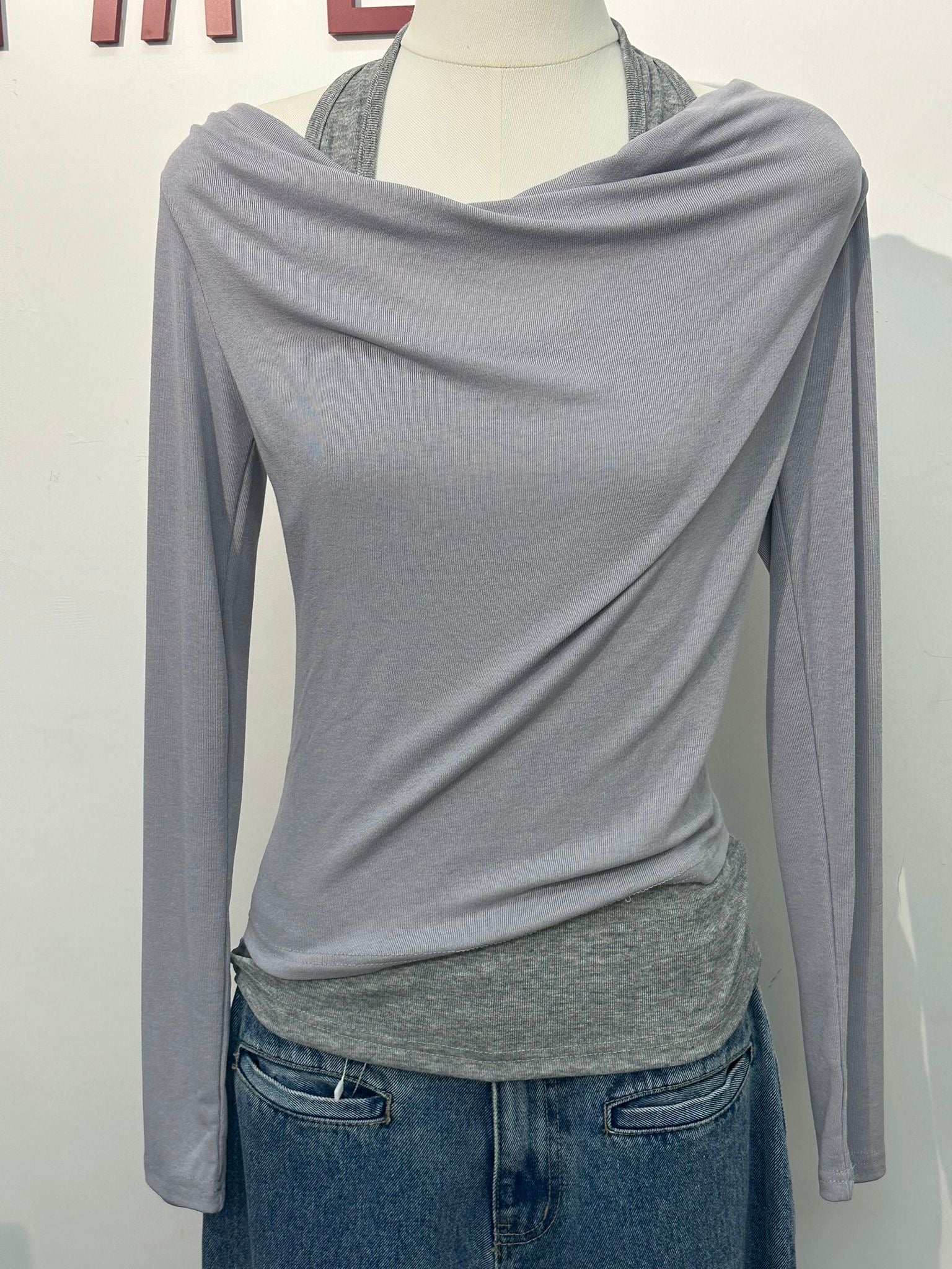 拼色掛頸假兩件薄款上衣