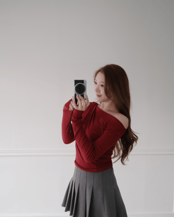 立體縐褶一字肩上衣