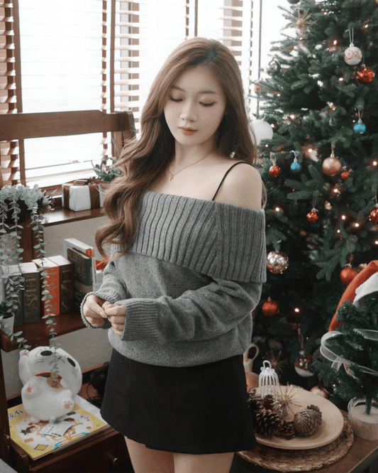 反褶一字肩針織上衣