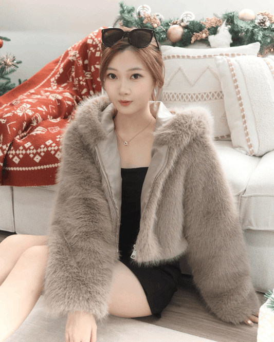 短版連帽毛毛外套